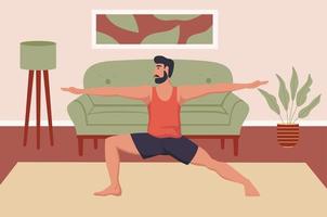 en ung man gör yoga hemma. sport hemma vektor