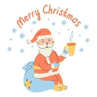 frohe weihnachtskarte mit weihnachtsmann, der tee trinkt vektor