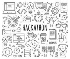 Hackathon- und Datathon-Set von Symbolen im Doodle-Stil. vektor