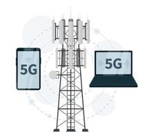 5g Mast-Basisstationen mit Smartphone und Laptop vektor