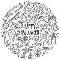 halloween uppsättning vektor ikoner i doodle stil, skräck magiska symboler