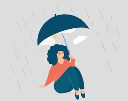 Frau bedeckt sich vor dem Regen. glückliches Mädchen, das einen Regenschirm hält. vektor