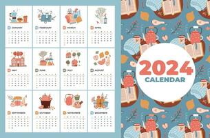 söt och mysigt 2024 kalender mall med hand dragen fyra säsonger element. vecka startande på söndag. redo till skriva ut. söt vektor illustrationer i platt stil.