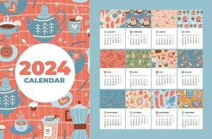 2024 Kalender Vorlage einstellen mit 12 Monate Seiten und Abdeckung. Stücke von Papiere mit bunt gemütlich Jahreszeiten Elemente Muster im eben Stil. Woche beginnt auf Montag. Vektor Hand gezeichnet Illustration.