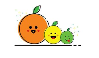 Vektor Illustration von süß Orange Karikatur Charakter isoliert auf Weiß Hintergrund. Obst Karikatur einstellen mit lächelnd Emoji.