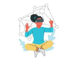ung man bär virtuell verklighet glasögon och Sammanträde i lotus utgör. vektor illustration