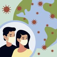 Covid 19 Coronavirus, Mann und Frau mit Maskenweltkrisenausbruch vektor