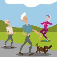 Senioren aktive alte Männer, die mit Hund spazieren gehen vektor