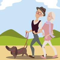 seniorer aktiva, gamla par som går med hund i parken vektor
