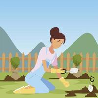 trädgårdsarbete, kvinna med sparkel som planterar träd vektor