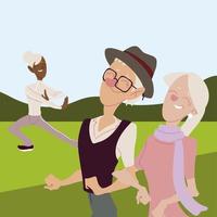 Senioren aktiv, glückliche alte Frau, die Yoga praktiziert und altes Paar zu Fuß geht vektor