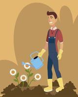 Gartenarbeit, Gärtner Gießkanne Sonnenblumen Cartoon vektor