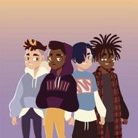 grupp tonårsvänner frisyr fashionabla kläder, ung kultur vektor