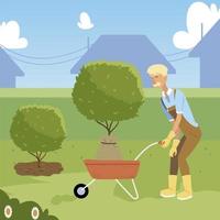 Gartenarbeit, alter Gärtner mit Schubkarre und Baum zum Pflanzen vektor