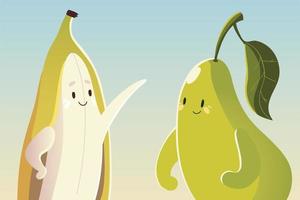 frukter kawaii roligt ansikte lycka söt päron och banan vektor