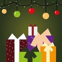 frohe weihnachten grußkarte geschenkboxen kugeln lichter dekoration vektor