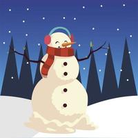 god jul snögubbe med halsduk öronskydd i vinterlandskap vektor