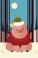 god jul söt gris med hatttröja i snön vektor