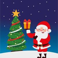 frohe weihnachten süßer weihnachtsmann mit geschenkbox und baum in schneedekoration vektor