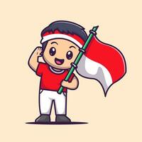söt pojke innehav indonesiska flagga tecknad serie vektor ikon illustration. människor Semester ikon begrepp isolerat premie vektor. platt tecknad serie stil