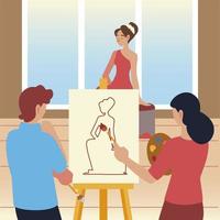 måla klasskonst, manliga och kvinnliga studenter med penselmålning en modell vektor