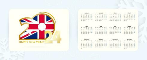 horisontell ficka kalender 2024 i engelsk språk. ny år 2024 ikon med flagga av förenad rike. vektor