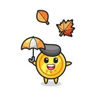 Cartoon der süßen Medaille mit einem Regenschirm im Herbst vektor