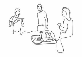 kontinuerlig linje ritning av sällskap av vänner som äter i restaurang. vektor