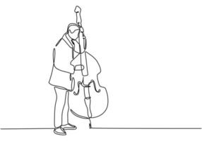 Kontinuierliche einzeilige Zeichnung eines Mannes, der Kontrabass-Klassiker spielt vektor