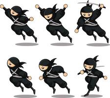 Cartoon schwarzer Ninja Jump and Run setzt Aktion mit sechs verschiedenen Aktionen vektor