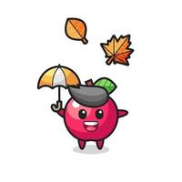 Cartoon des süßen Apfels, der im Herbst einen Regenschirm hält vektor