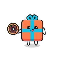 Illustration eines Geschenkbox-Charakters, der einen Donut isst vektor