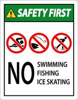 förbud tecken säkerhet först - Nej simning, fiske, is skridskoåkning vektor