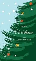jul kort med gran träd och bollar. de inskrift Lycklig ny år högtider på de bakgrund av en jul träd. vektor