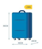 bagage ersättning. på hjul resväska med dimensionell pilar vikt märka. vikt och storlek av bagage ersättning. hand bagage krav för luft resa. vektor illustration.