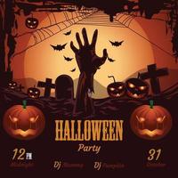 Halloween-Party-Schriftzug mit Datum, Kürbissen, Hand, Mond und unheimlich vektor