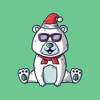 süß Polar- Bär im rot Hut, Schal, Sonne Brille Sitzung Karikatur Vektor Illustration. komisch Karikatur Illustration zum Weihnachten.