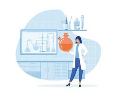 weiblich Wissenschaftler mit Flaschen. Experimental- Wissenschaftler, Labor Assistent, Biochemie, eben Vektor modern Illustration