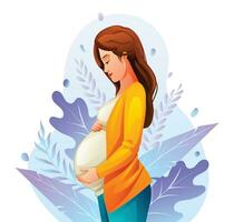 gravid kvinna kramas henne mage med naturlig löv bakgrund. graviditet begrepp vektor tecknad serie illustration