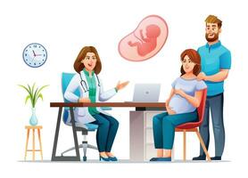 Arzt erklärt Über Schwangerschaft zu schwanger Frau und ihr Ehemann. Beratung und prüfen oben während Schwangerschaft Konzept Illustration. Vektor Karikatur Charakter