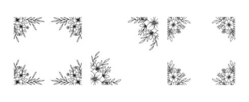 uppsättning av hand dragen blommor och löv fyrkant gräns översikt blommig arrangemang vektor
