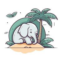 süß Elefant auf das Strand mit Palme Bäume. Vektor Illustration.