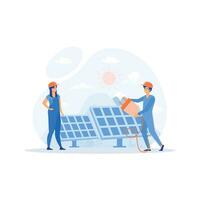 förnybar energi. alternativ energi resurs med sol- paneler, sol- panel kraft och ingenjör, platt vektor modern illustration