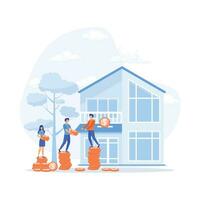 klein Familien Kaufen Zuhause auf ein Hypothek und Zahlen Anerkennung zu das Bank, eben Vektor modern Illustration