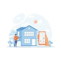 Clever Zuhause App mit Steuerung System, Öko Haus auf das Hintergrund und Familie posieren, eben Vektor modern Illustration
