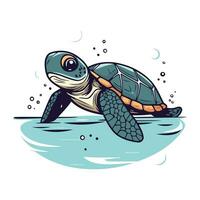 süß Karikatur Meer Schildkröte Schwimmen im das Wasser. Vektor Illustration.