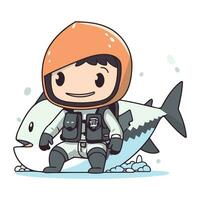 Illustration von ein Junge im ein Astronaut passen mit ein Hai. vektor