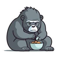 Gorilla Essen Schüssel Karikatur Maskottchen Charakter Vektor Illustration