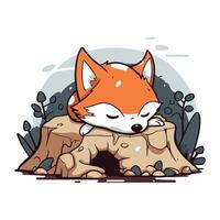 süß Karikatur Fuchs Schlafen auf ein Stumpf im das Wald. Vektor Illustration.