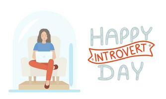Frau Arbeit im Birne. glücklich introvertiert Tag Banner. introvertiert Frau ist Arbeiten isoliert. Hand gezeichnet Vektor Illustration.